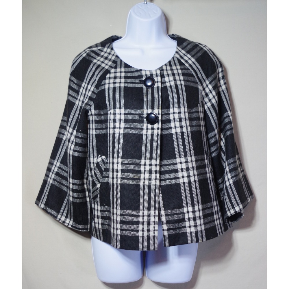 Larry Levine Size 10 Black White Plaid Swing Coat Cropped Bell Sleeve Jacket